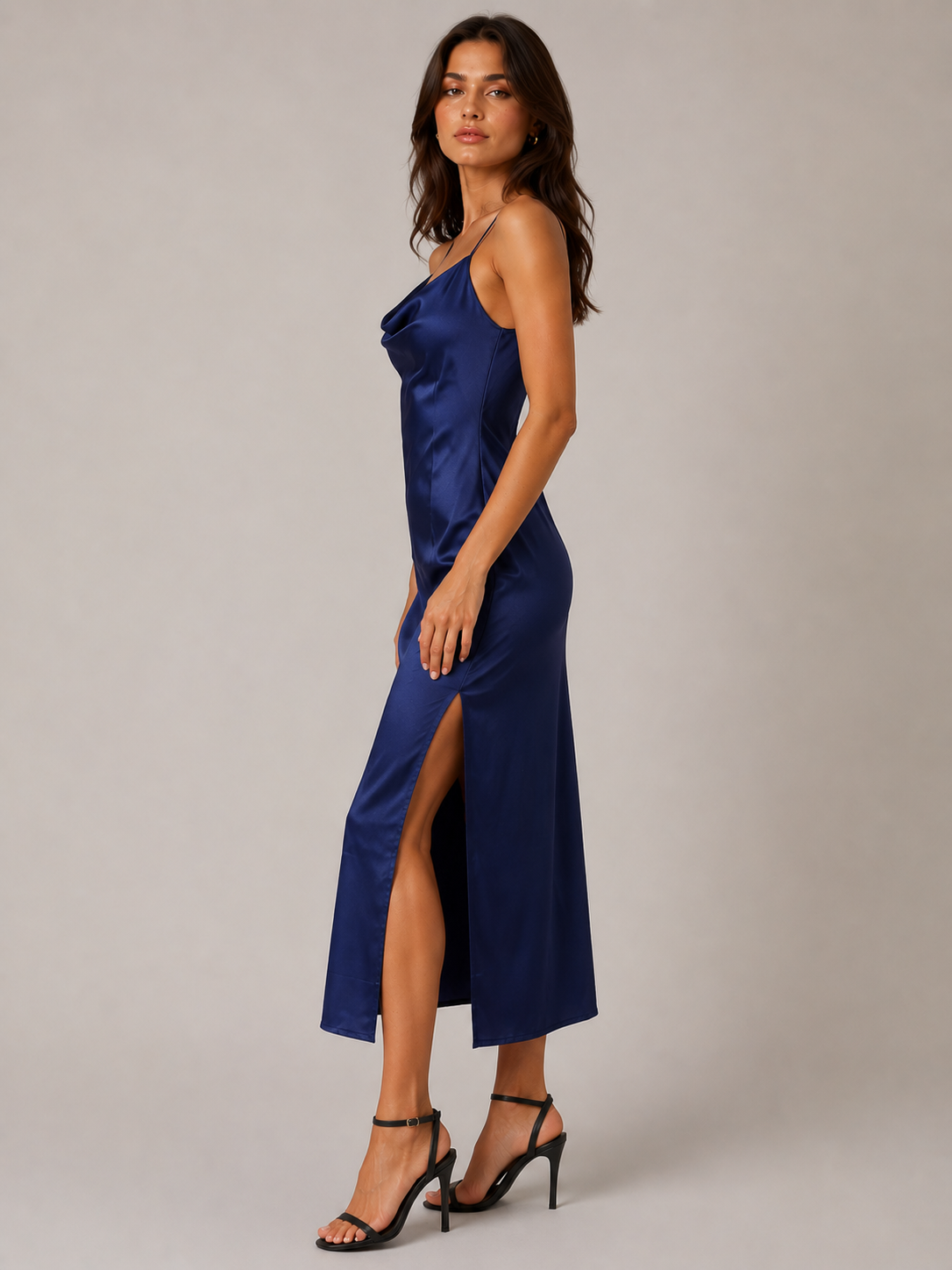 Elegant Satin Cowl Neck Midi Dress – Sleeveless Slip Evening Dress for Women