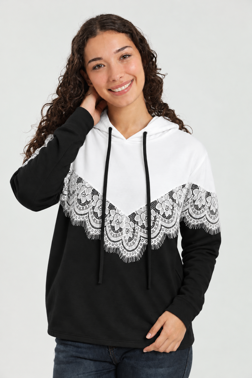 Lace Panel Pullover Hoodie