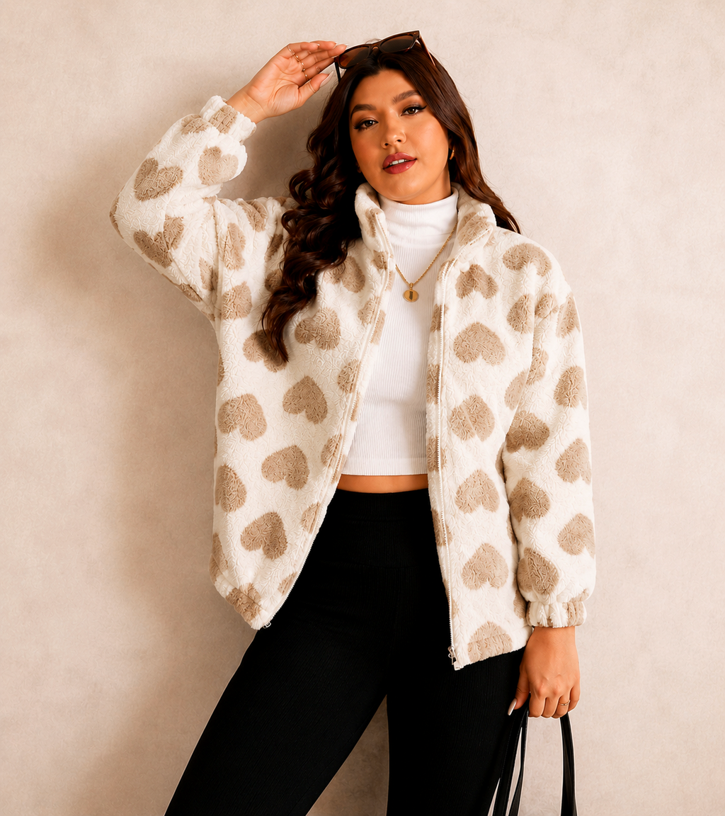 Cozy Heart Patterned Fleece Zip-Up Jacket