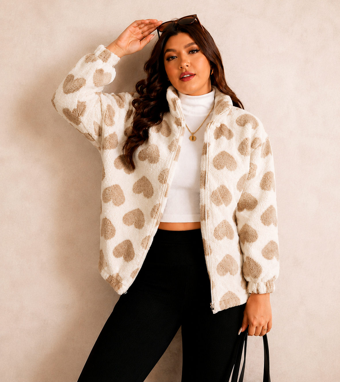 Cozy Heart Patterned Fleece Zip-Up Jacket