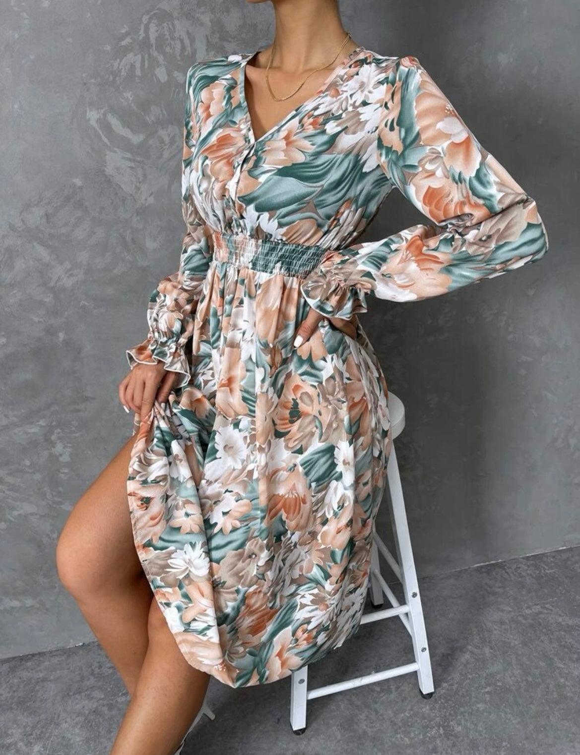 Floral Print Flounce Sleeve Dress - XD21