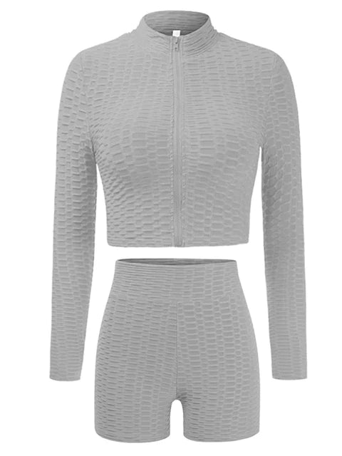 Honeycomb textured zipper crop jacket and shorts – XD21