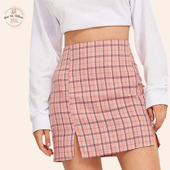 Double Slit Plaid Mini Skirt