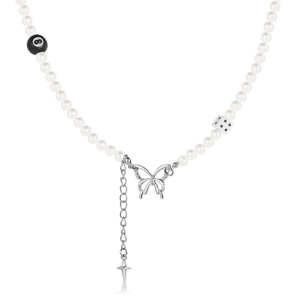 Simple Cross 8 Ball Dice Pearl Collar Necklace