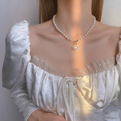 legant Big White Imitation Pearl Bead Necklace Crystal Heart Shell Pendant - XD21