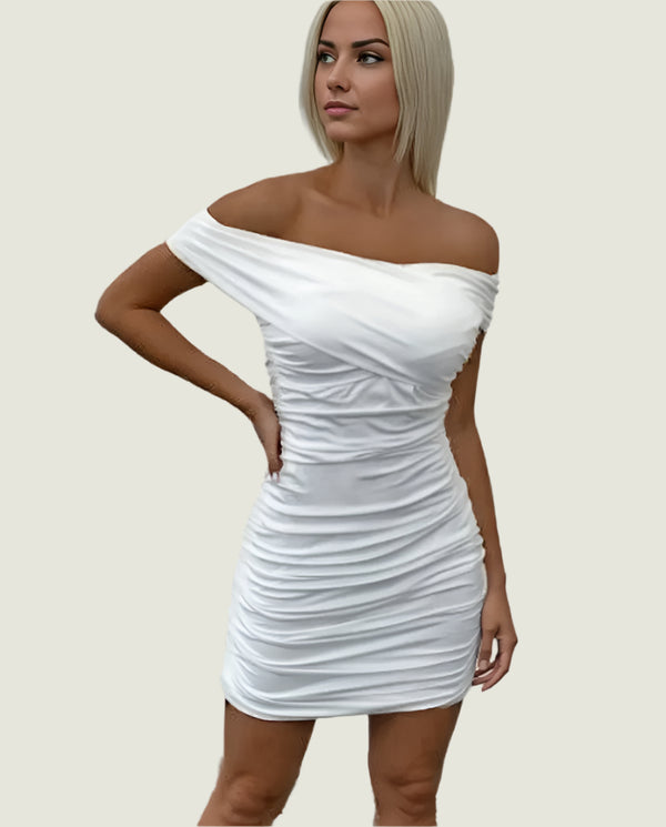Draped Ruched Off-Shoulder Mini Bodycon Dress