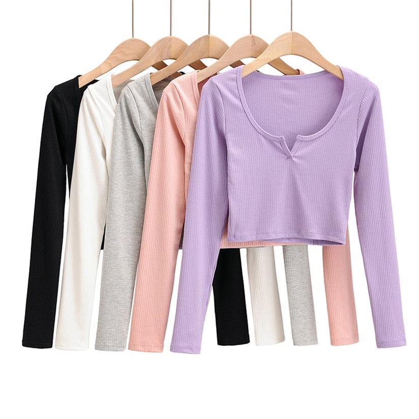 Ribbed Long Sleeve Crop Top – Slim Fit V-Notch Neck