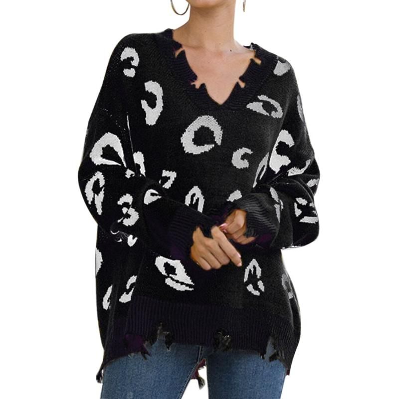 Leopard Print V-Neck Long Sleeve Loose Casual Pullover Jersey