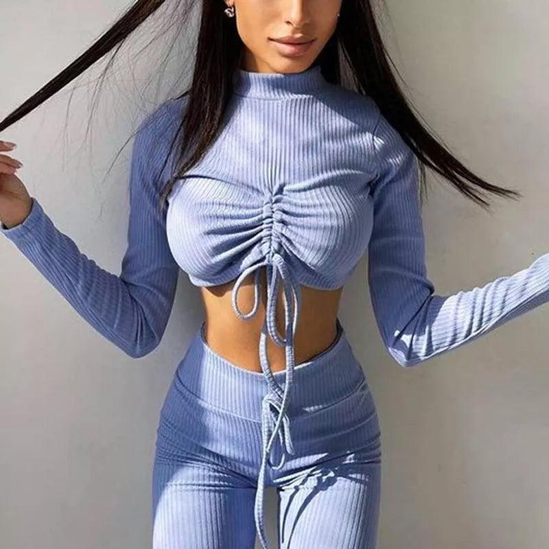 Ribbed 2 Pieces Lace Up Drawstring Long Sleeve Crop Top Leggings