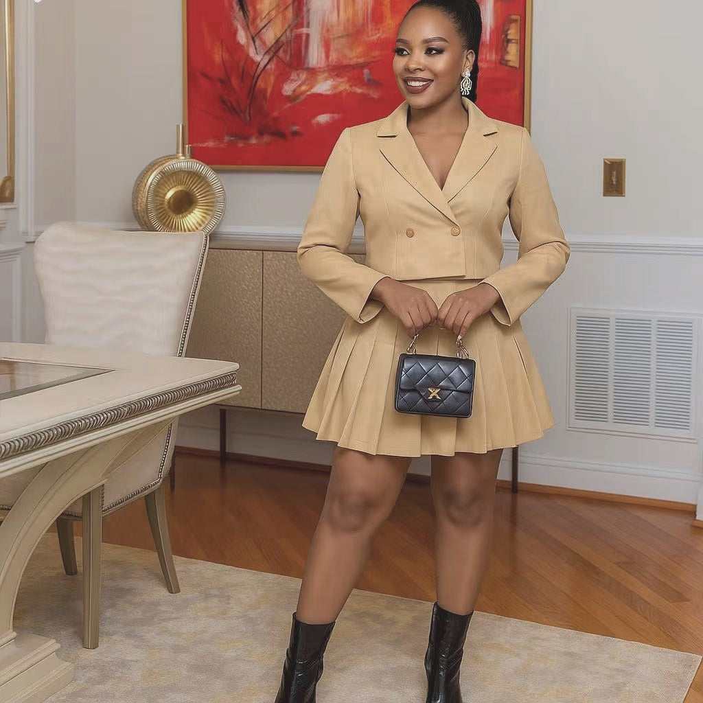 Two Piece Mini Skirt Crop Blazer Suit Set