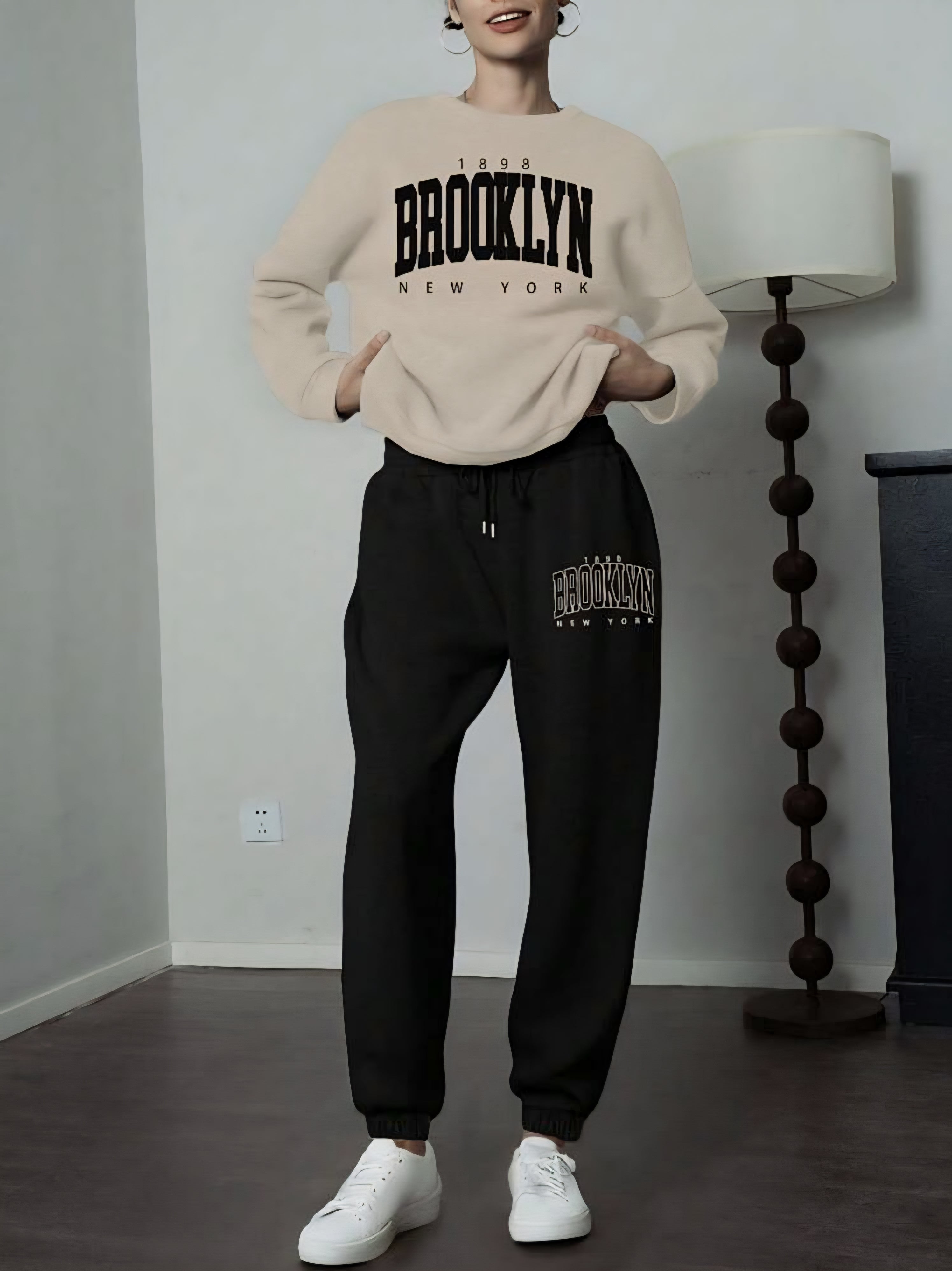 Brooklyn Print Sweatshirt & Jogger Two-Piece Set for Women