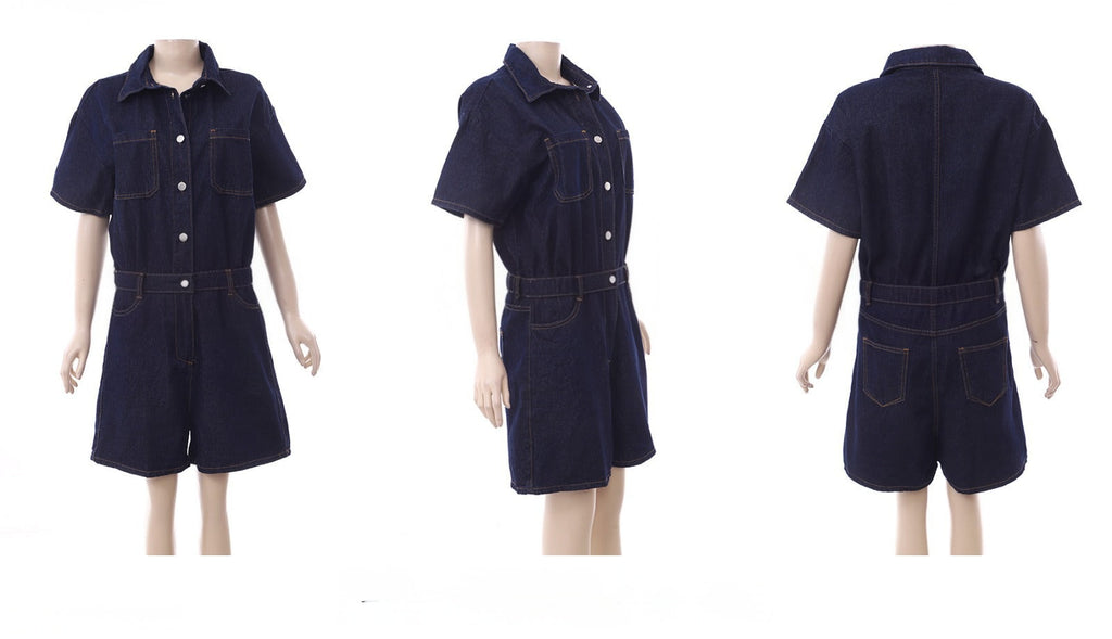 Dark Denim Button-Up Romper – Short Sleeve Utility Style