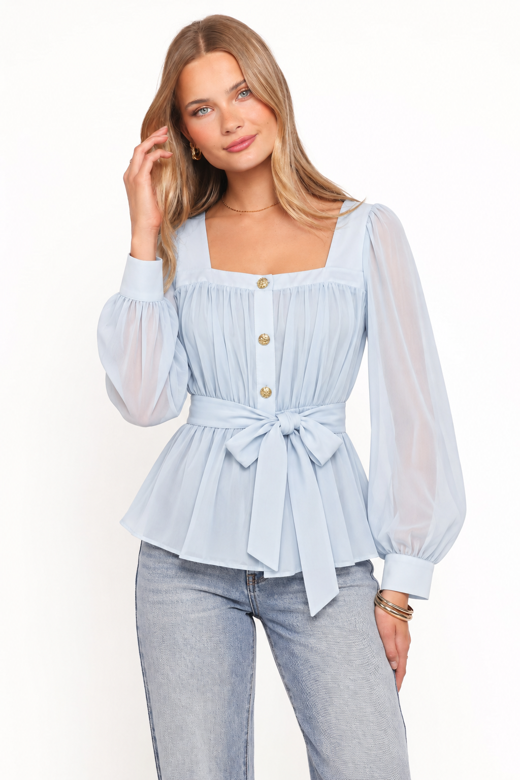 Belted Balloon-Sleeve Peplum Blouse