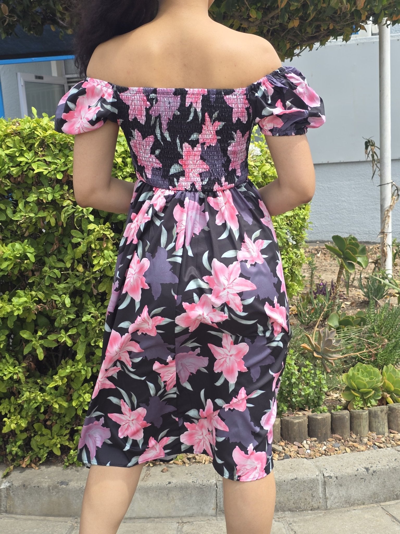 Floral Puff-Sleeve A-Line Midi Dress