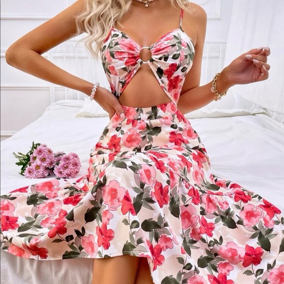 Pink Floral Keyhole Cutout Midi Dress