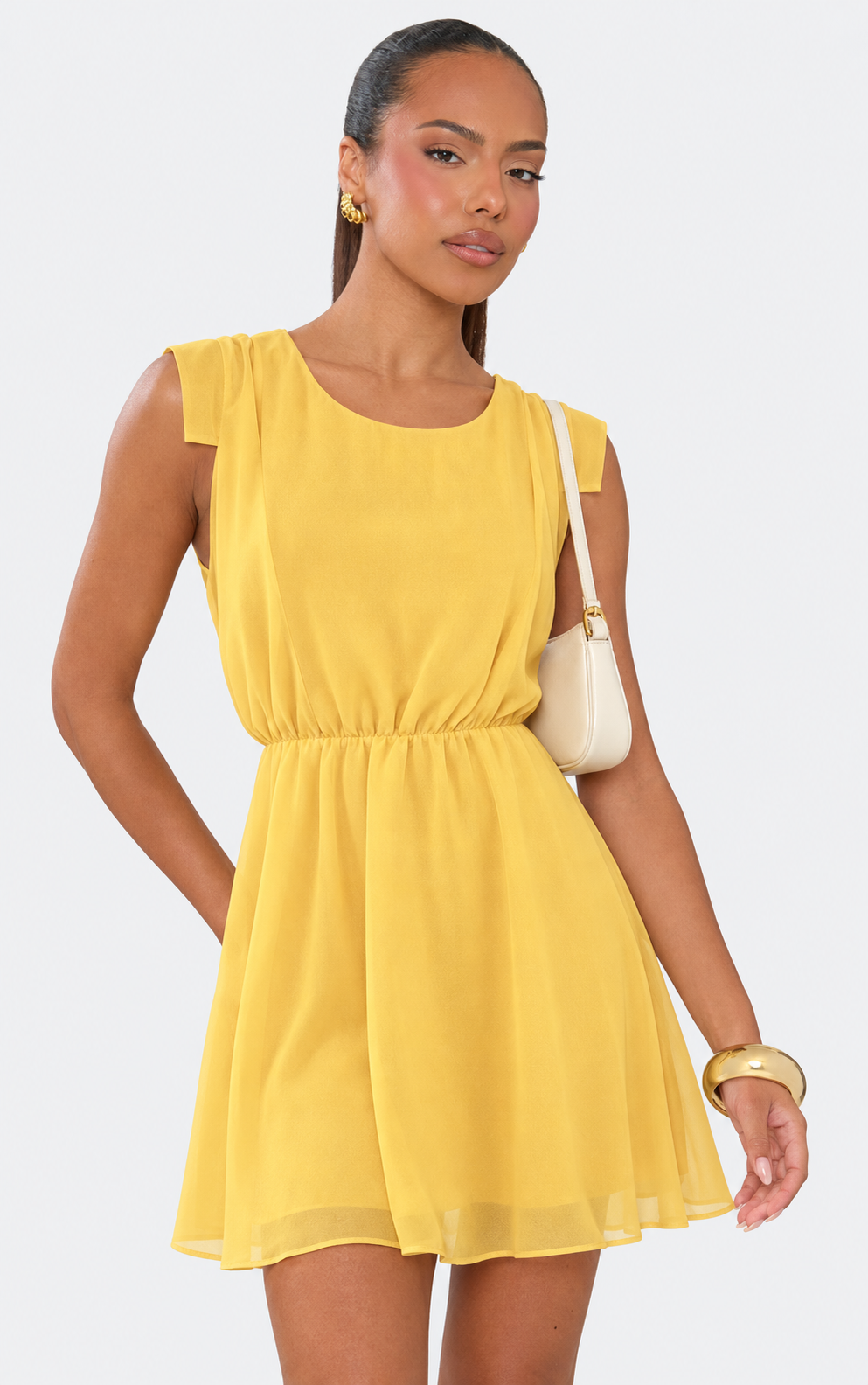 Mini elastic waist linen dress