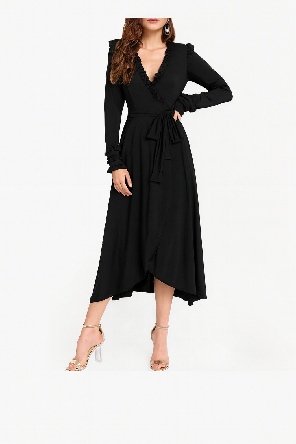 Ruffle Wrap Midi Dress – Elegant Long Sleeve Tie Waist