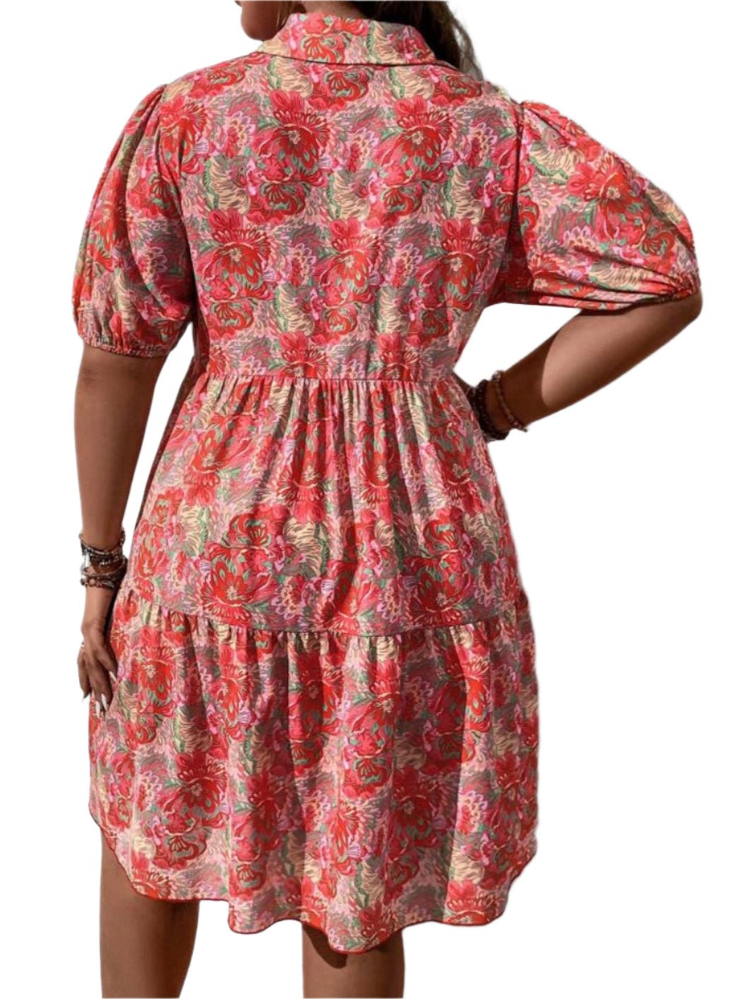 Floral Puff Short Sleeve Button-Down Midi Dress