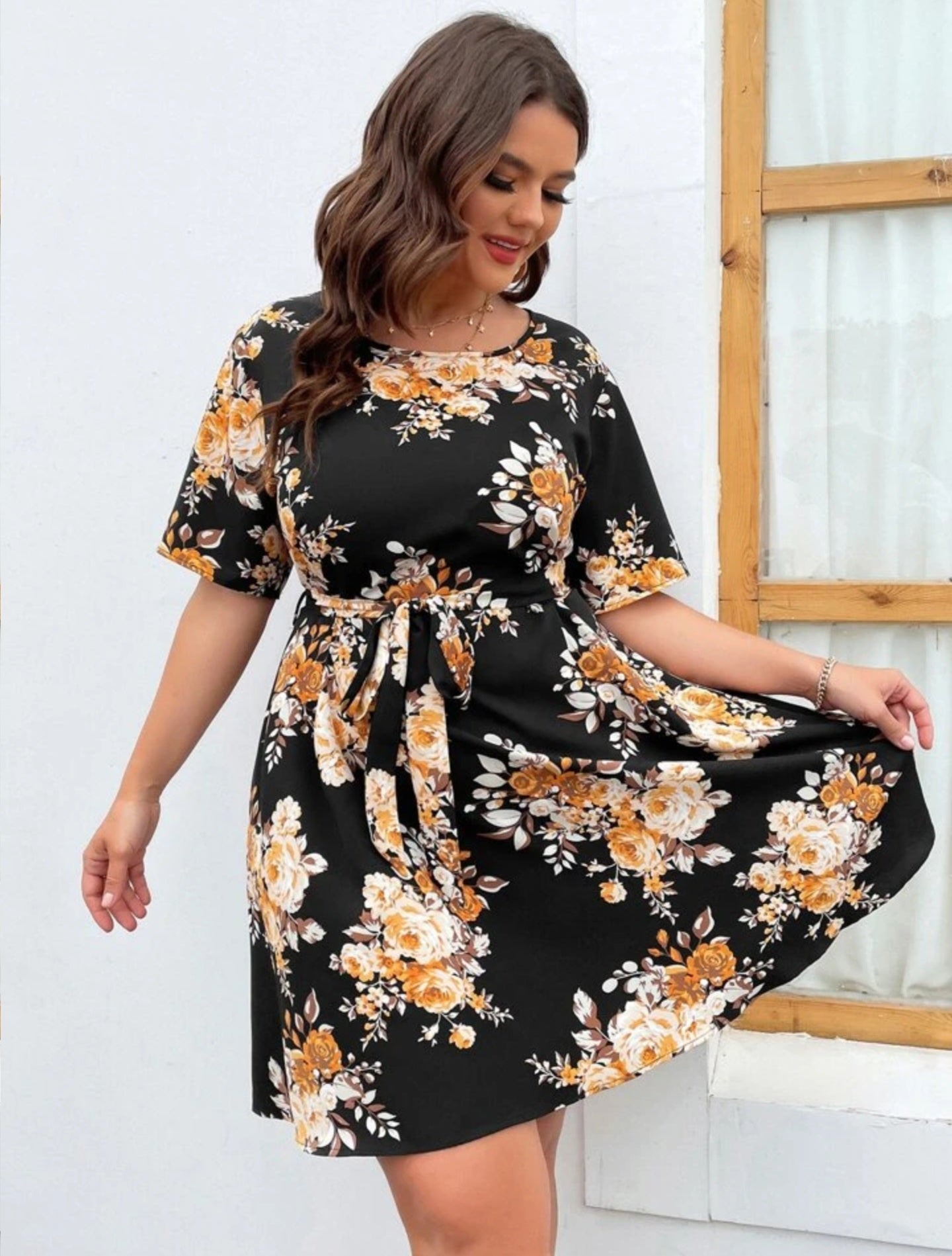 Floral Patterned Mini Dress with belt