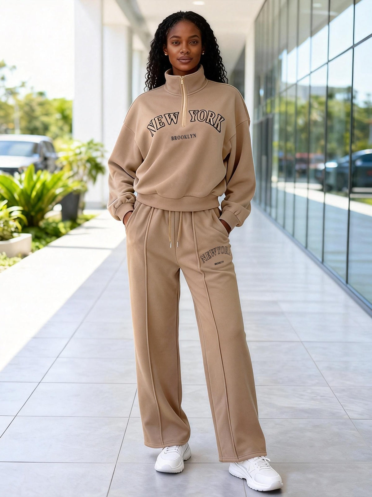 New York Graphic Tracksuit Set – Zip Collar Sweatshirt & Wide Leg Jogger Set