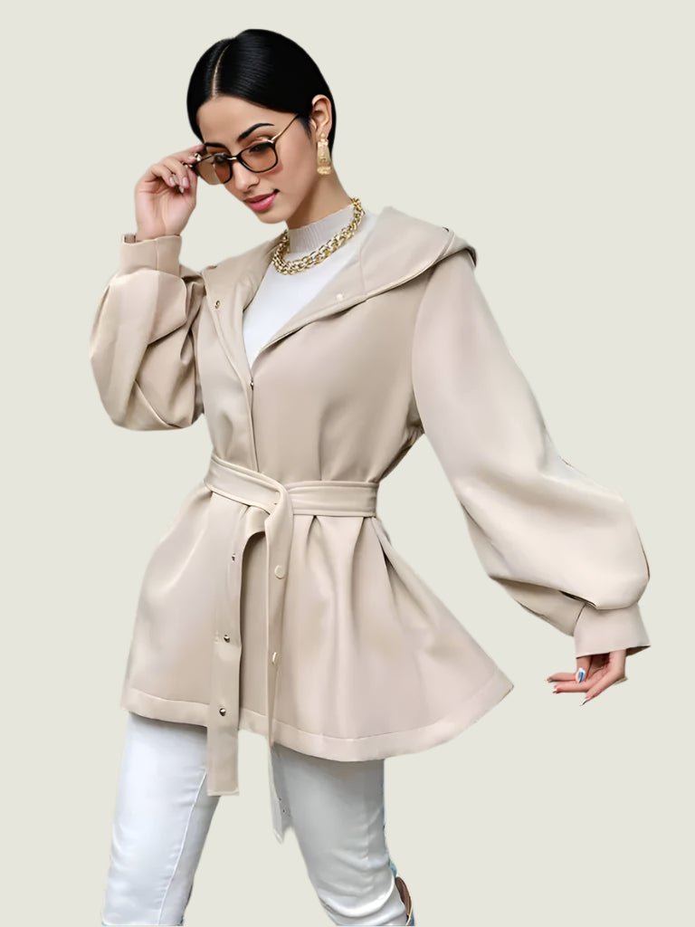 Elegant Beige Belted Hooded Coat Curve – Modern Chic Lightweight Jacket