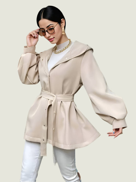 Elegant Beige Belted Hooded Coat Curve – Modern Chic Lightweight Jacket