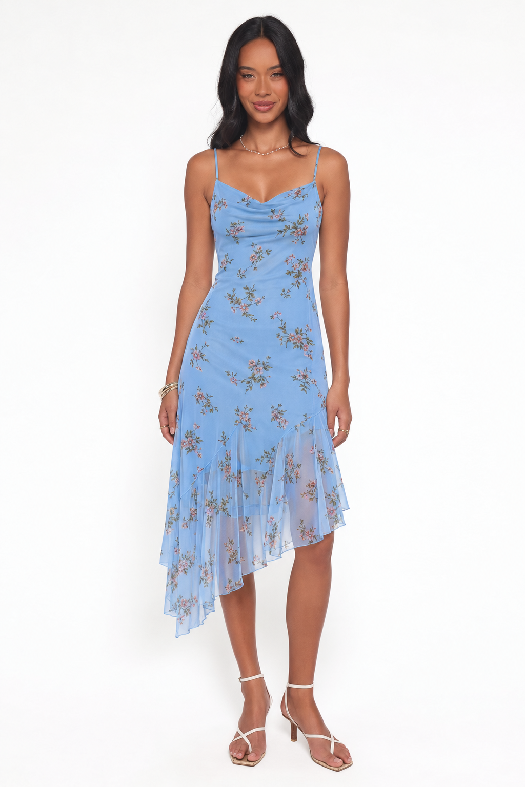 Floral Cowl-Neck Asymmetric Midi Dress