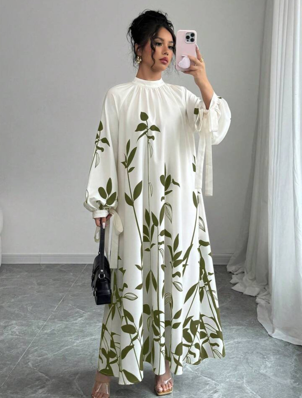 Flowy Long Sleeve Maxi Dress with Leaf Print