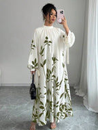 Flowy Long Sleeve Maxi Dress with Leaf Print