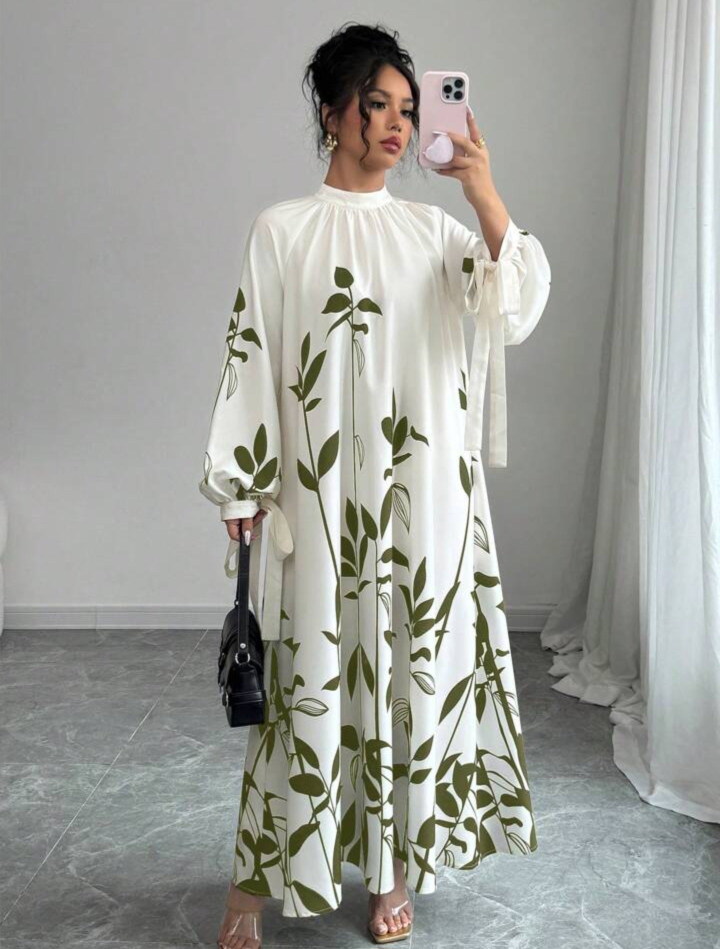 Flowy Long Sleeve Maxi Dress with Leaf Print
