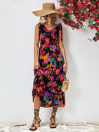 Bold Bloom Open-Back Tiered Maxi Dress