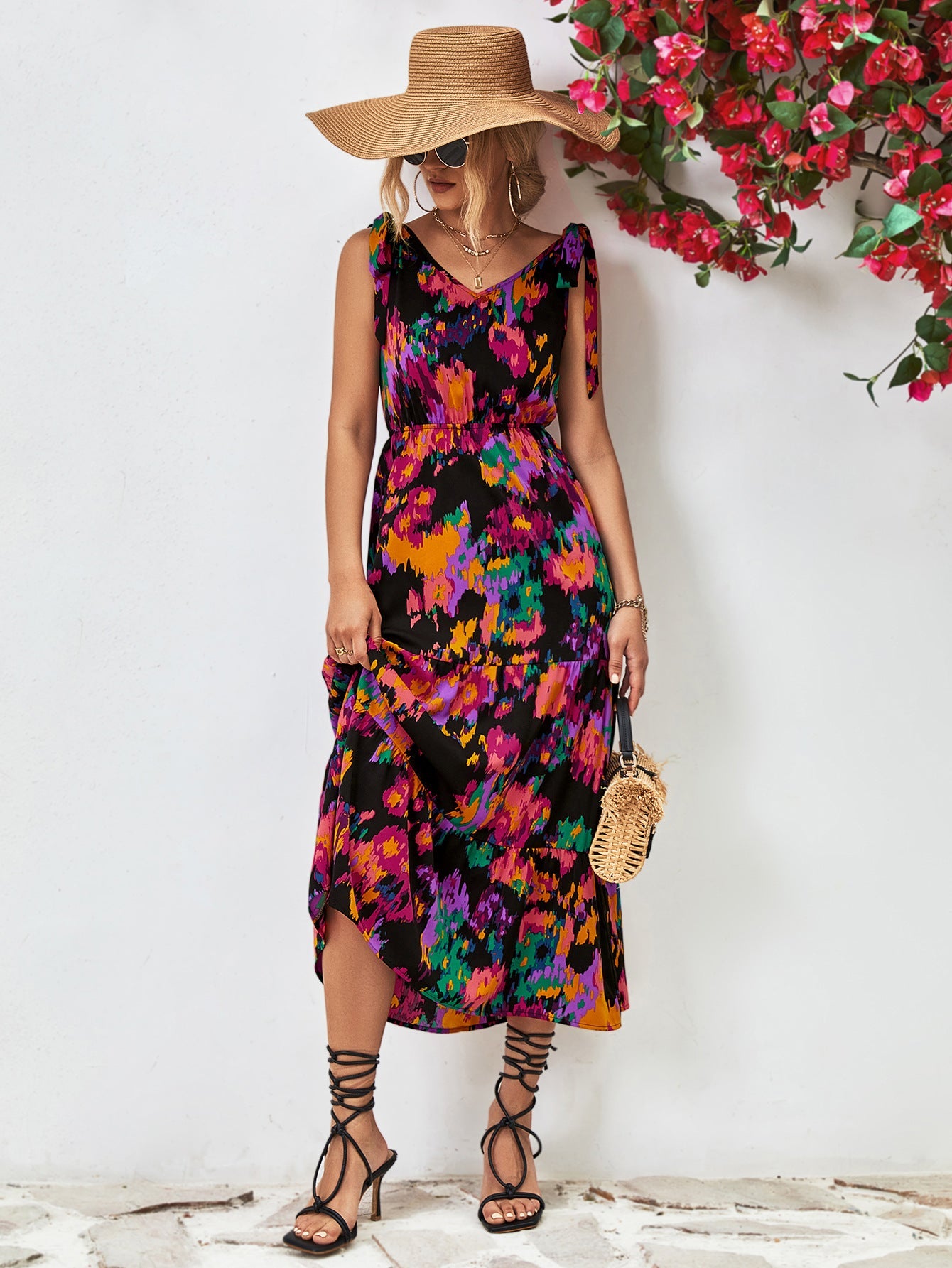 Bold Bloom Open-Back Tiered Maxi Dress