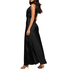 Elegant High-Neck Satin Maxi Dress – Timeless Evening Glam