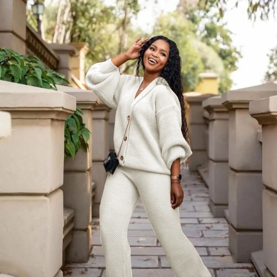 Knitted Loose Cardigan Elastic Waist Pant Two Piece Set