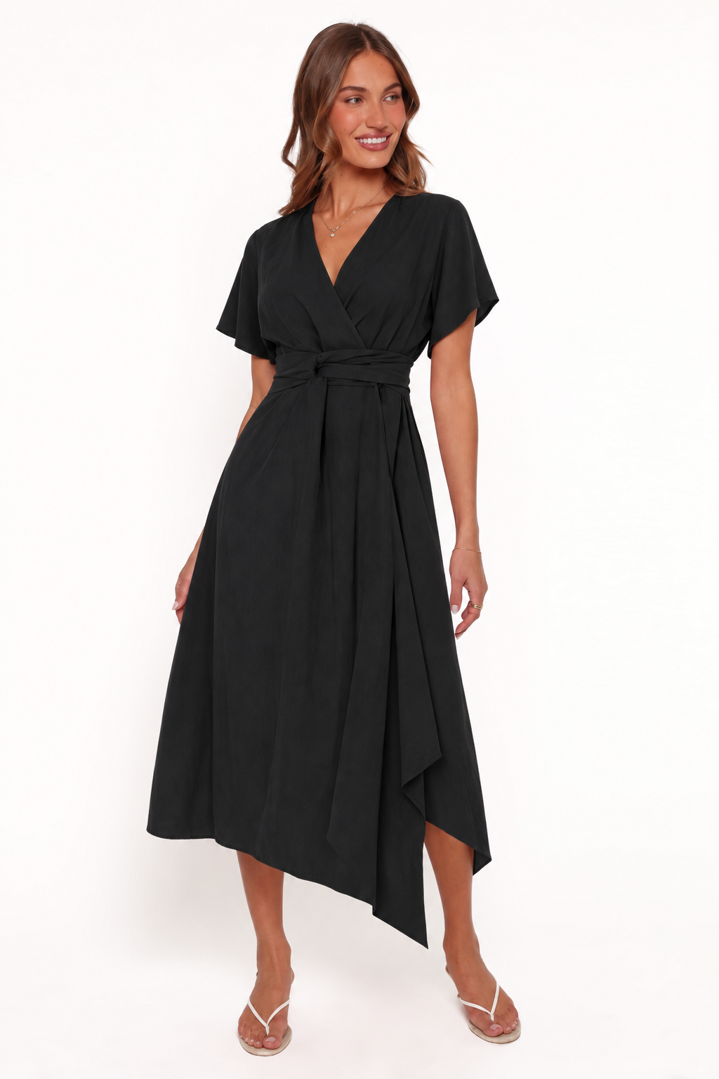 Elegant Wrap Style Midi Dress - Flutter Sleeves