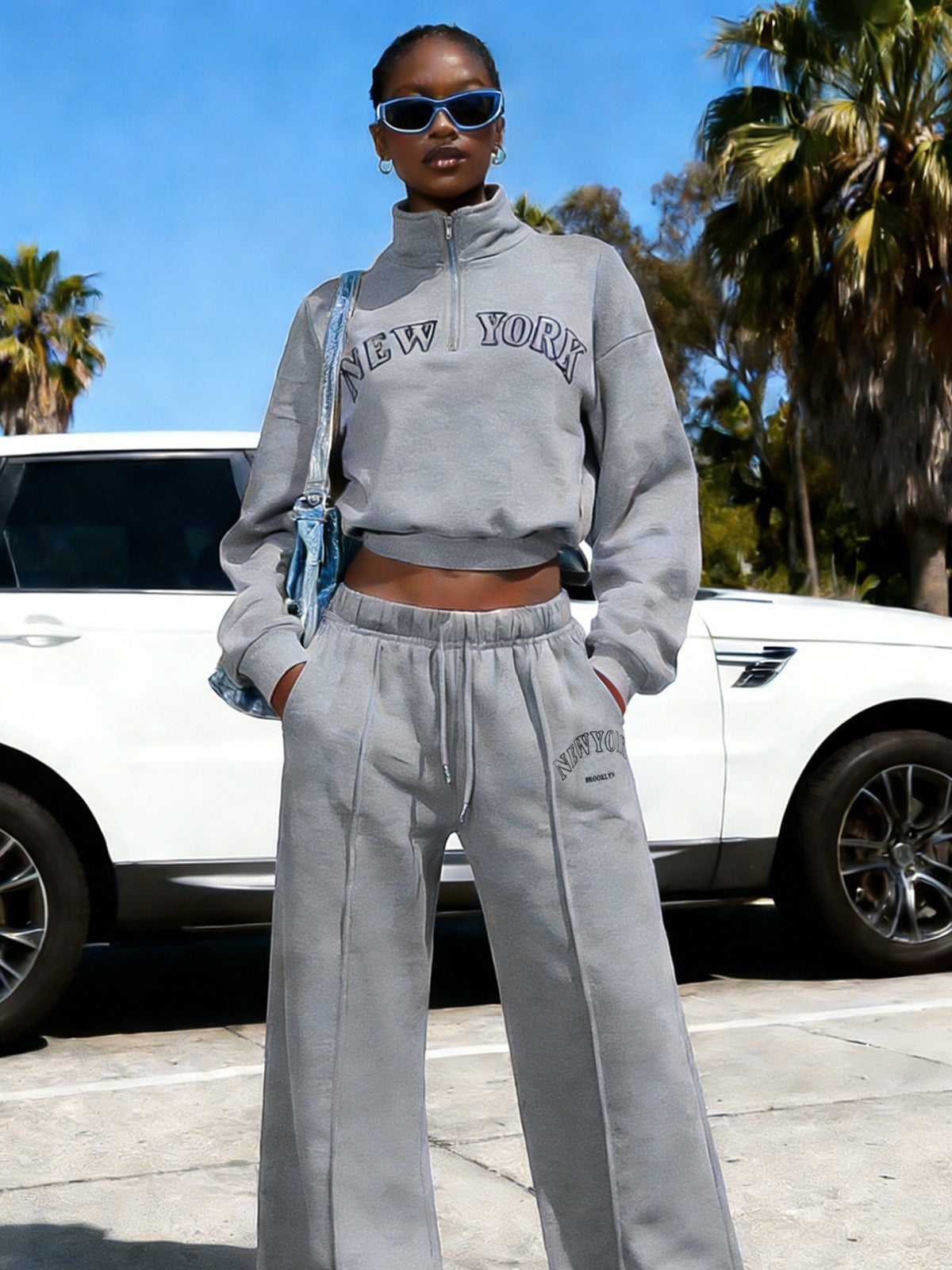 New York Graphic Tracksuit Set – Zip Collar Sweatshirt & Wide Leg Jogger Set