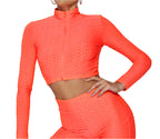 Honeycomb Textured Zipper Front Crop Top With Leggings