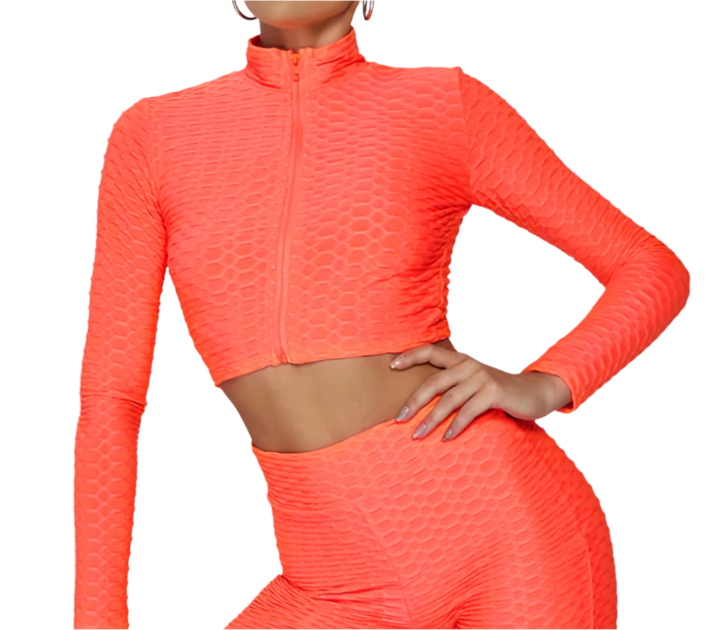 Honeycomb Textured Zipper Front Crop Top With Leggings
