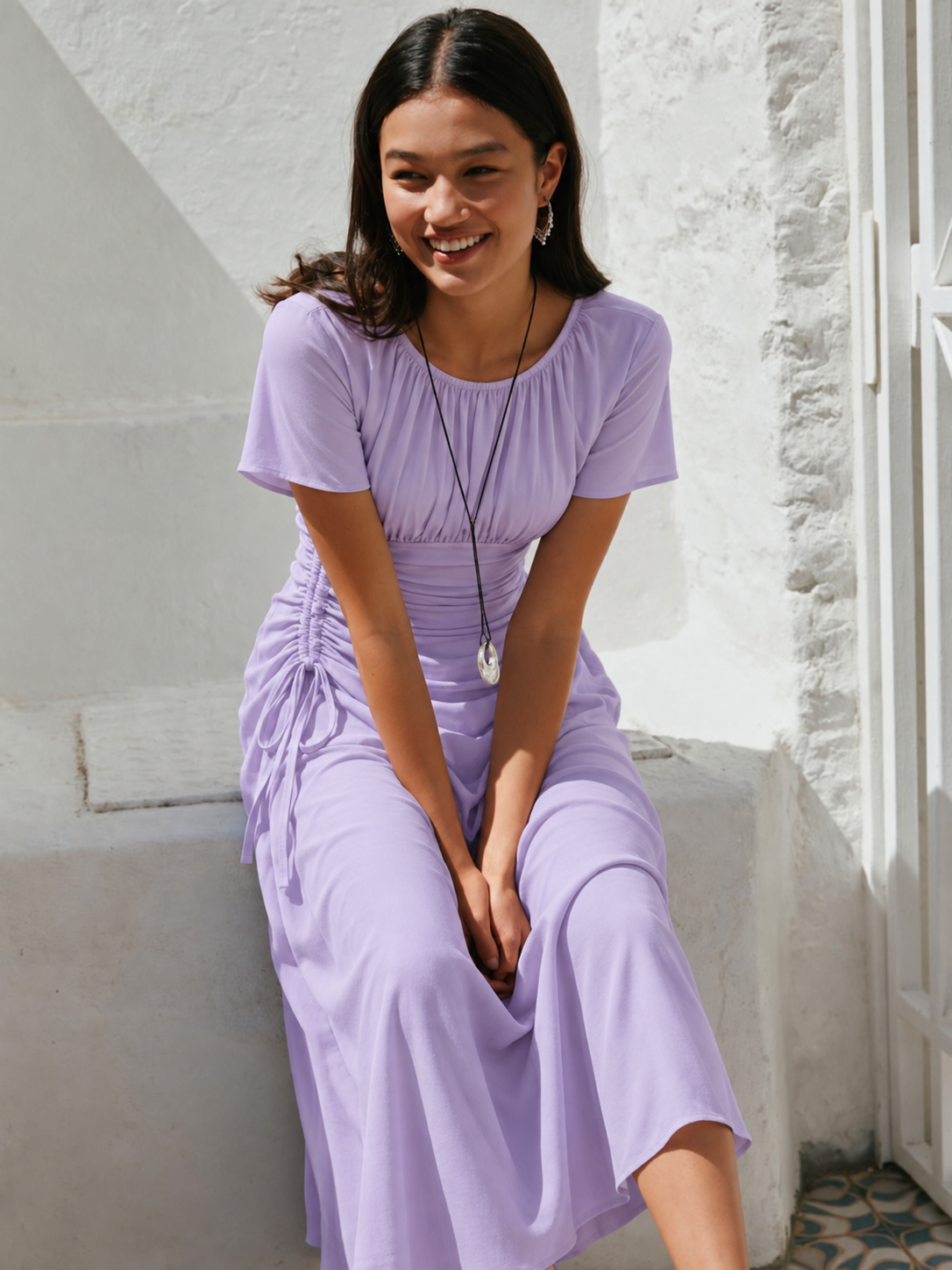 Adjustable Ruched Short-Sleeve Maxi Dress