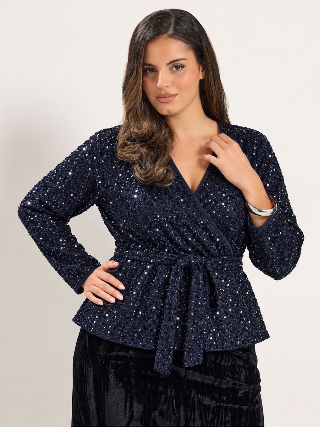 Sequin-Embellished Belted Peplum Blouse