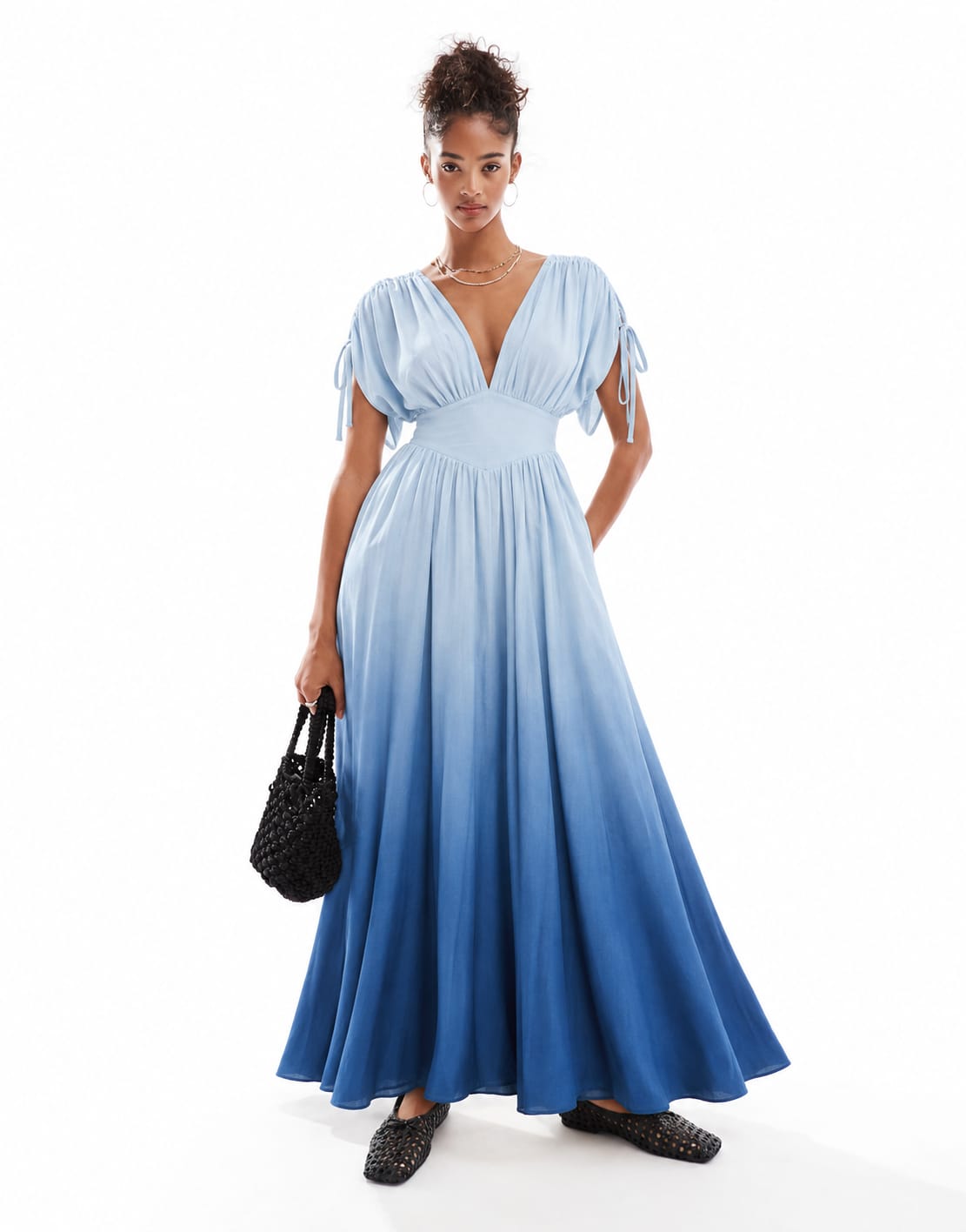 Elegant V Neck Ombre Basque Waist Dress