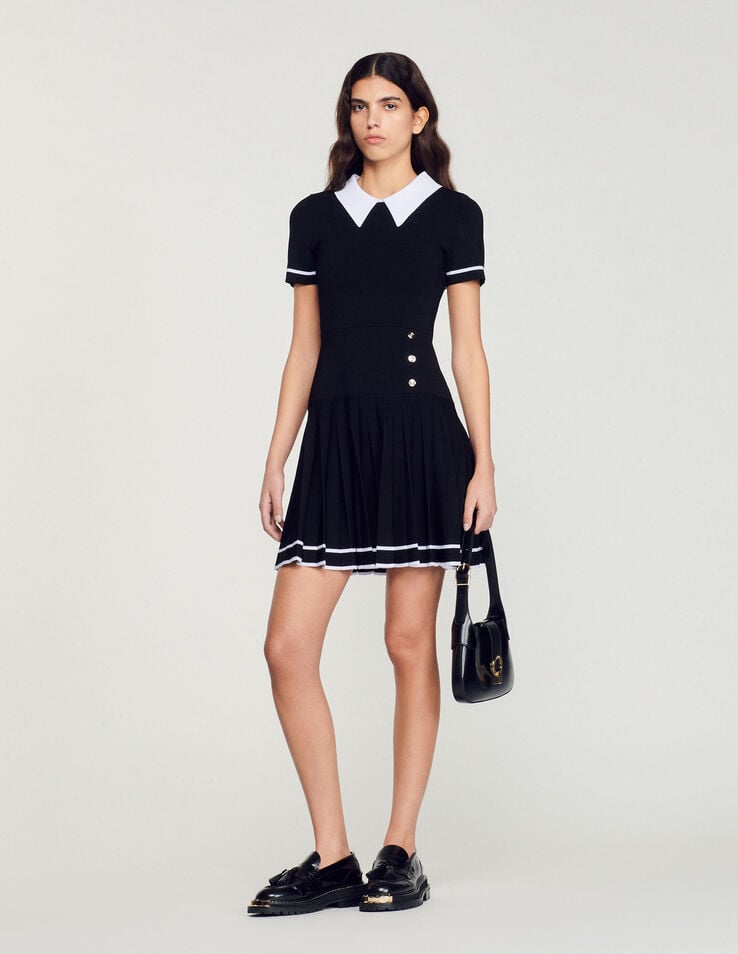 Collared Contrasting Pleated Knitted Mini Dress