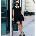 Collared Contrasting Pleated Knitted Mini Dress