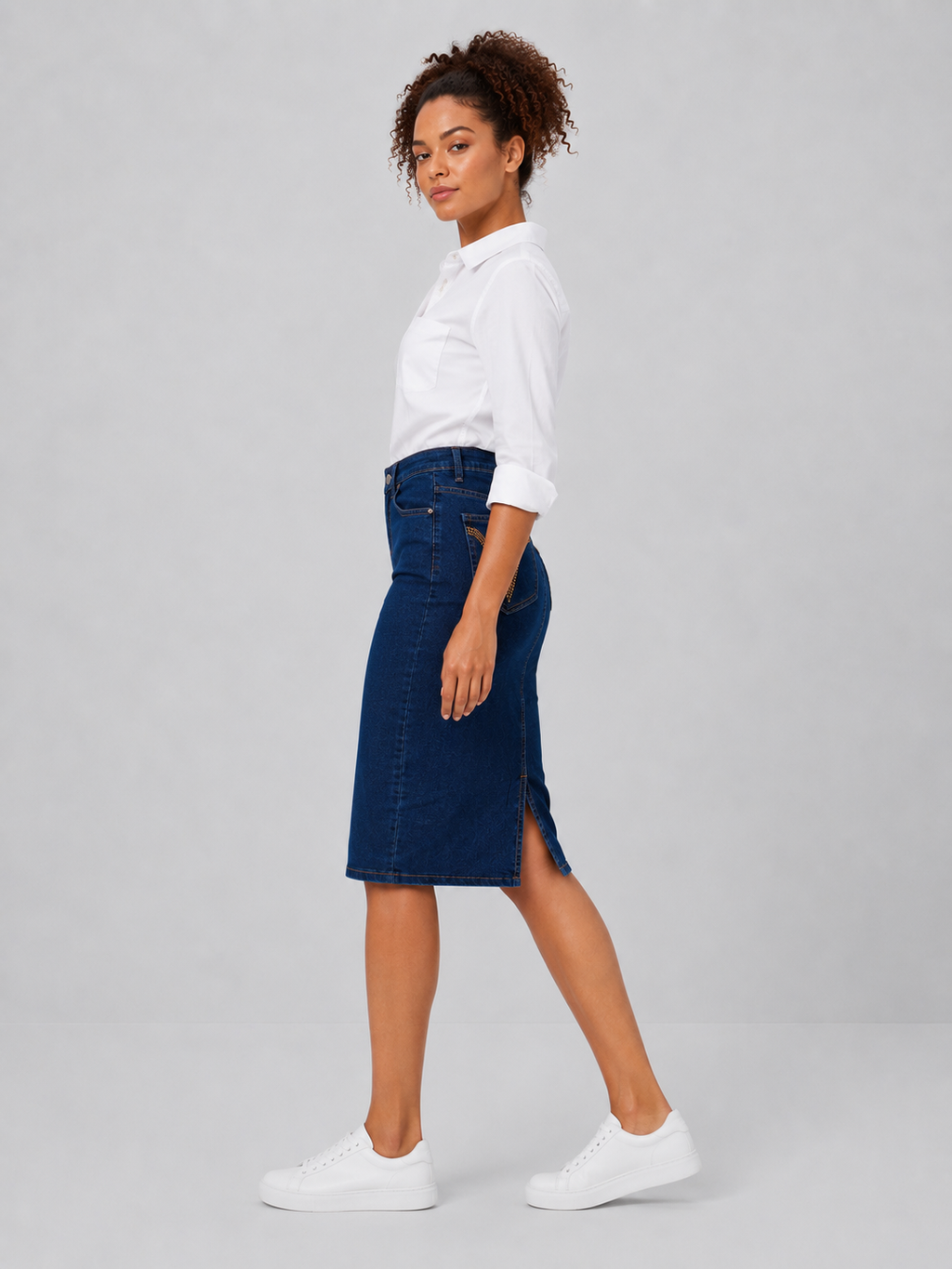 Fitted Knee-Length High-Waisted Denim Skirt DYQ-379