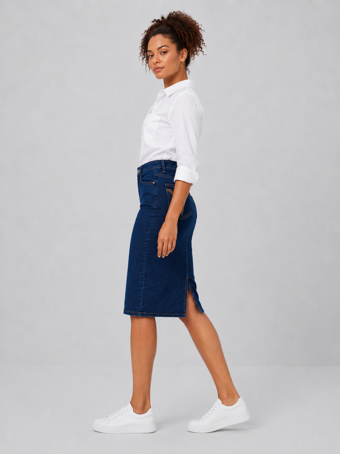 Fitted Knee-Length High-Waisted Denim Skirt DYQ-379