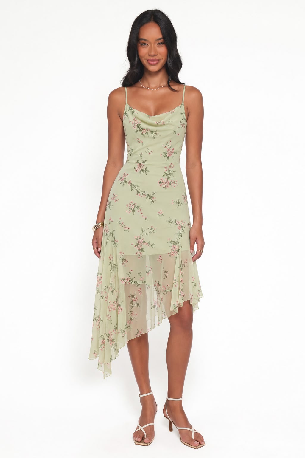 Floral Cowl-Neck Asymmetric Midi Dress