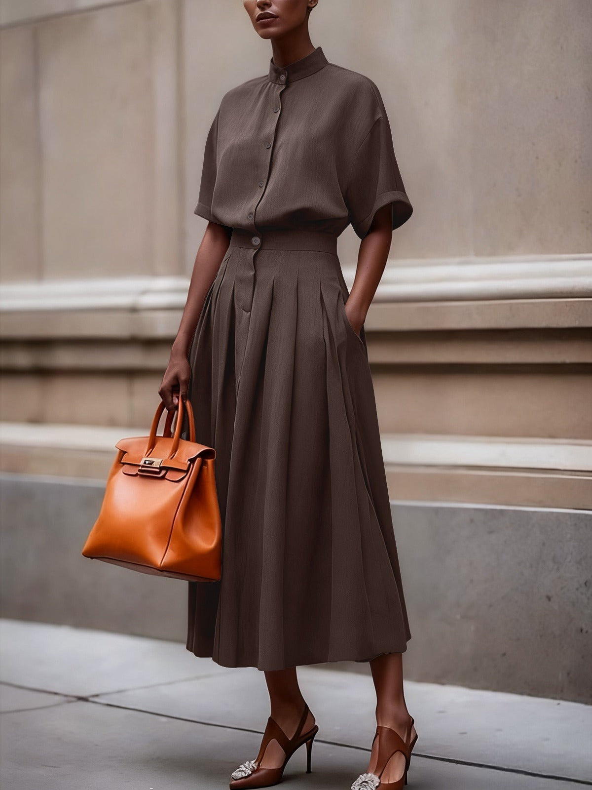 Pleated Two-Piece Skirt Set – Button Shirt Top & Midi Skirt Outfit