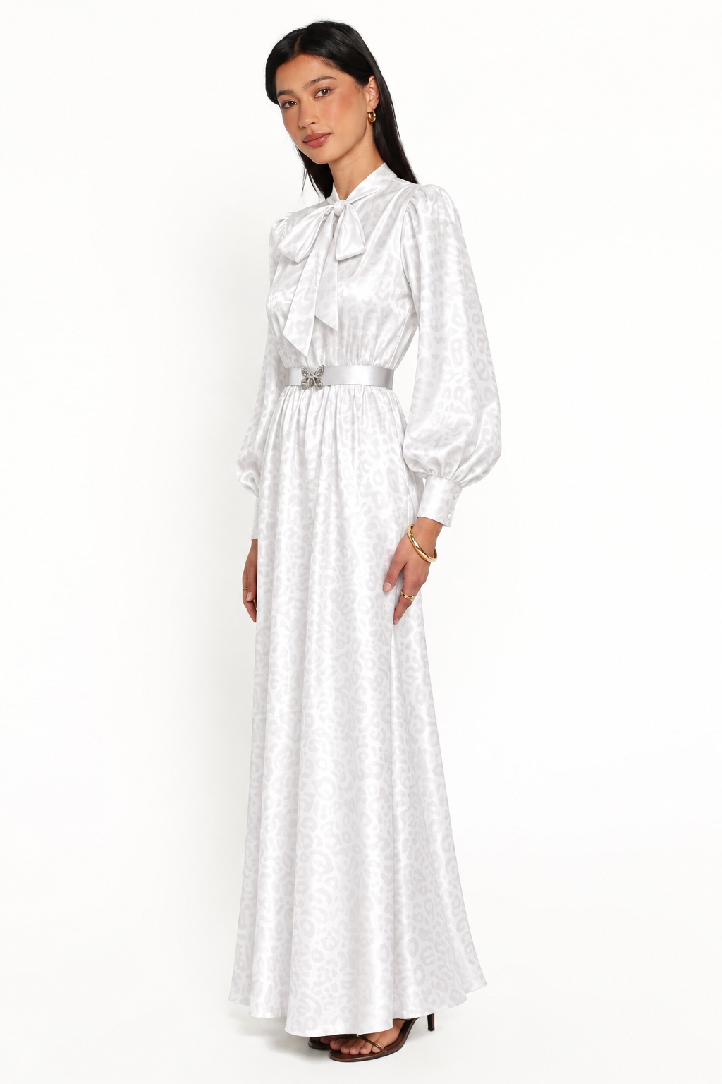 Tie-Neck Satin Maxi Dress With Belt