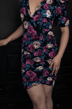 Floral Ruched Short Sleeve Mini  Bodycon Dress