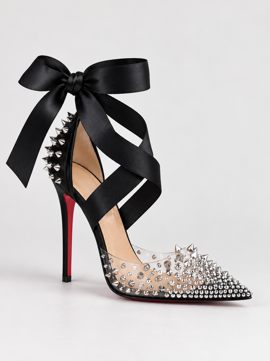 Studded Clear Pointed-Toe Lace-Up Heels